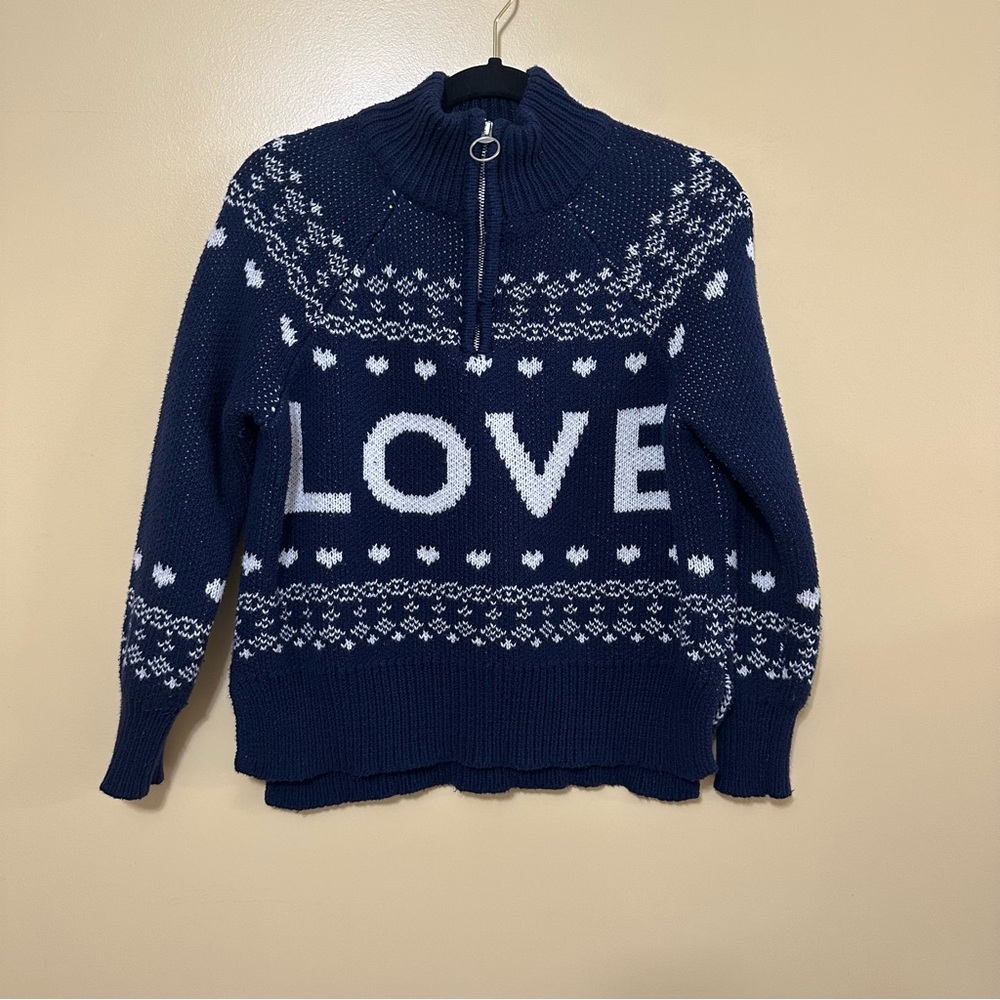 Aerie Festive Vibes Quarter Zip Love Fair Isle Sweater Womens XS Blue - Picture 3 of 7